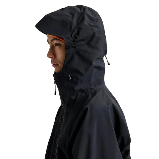 A side-profile view of a person wearing a black hooded rain jacket against a light gray studio background.