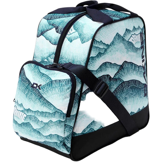 A duffel bag featuring a light blue and white mountain pattern with black accents, including the brand name 'KELPLATE' printed on the front pocket.