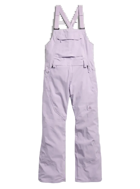 Light purple snow bib overalls with adjustable shoulder straps, front utility pockets, and a small triangular logo on the left thigh, shown flat on a white background.